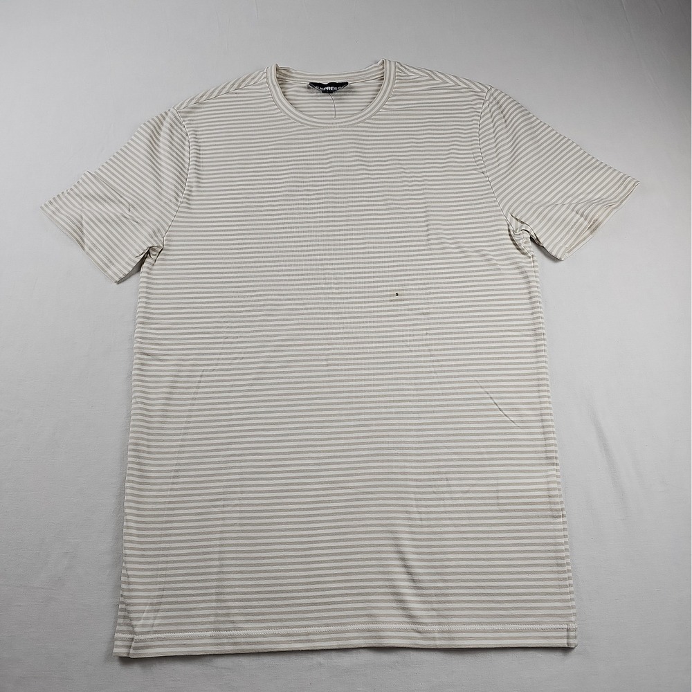 Express S Men's Striped Beige/White Crew Neck Short Sleeve Cotton Knit Tee